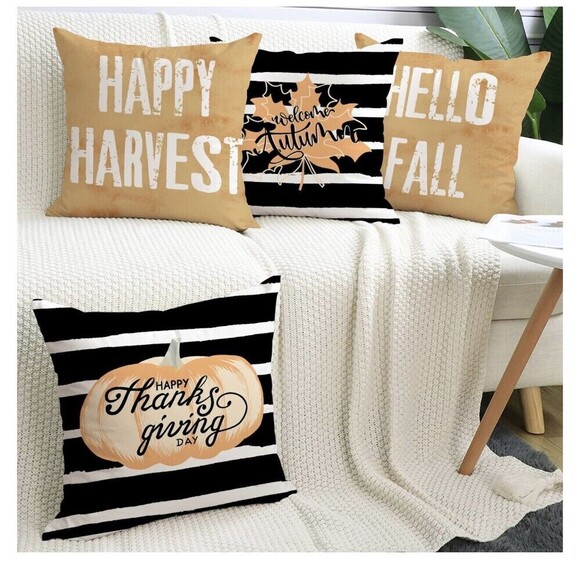 Pillow Covers 18x18 Inch Set of 4 Happy Harvest Thanksgiving Pumpkin Fall Autunn - Picture 1 of 8